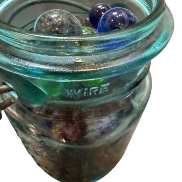 Vintage Blue Glass Jar With Wire Clamp with Glass Marbles - Picture 5 of 9